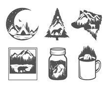 Double Exposure. Wildlife Concept. Hand Drawn Outdoor Badges. Wild Nature In Black And White Colors