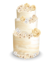 Wedding Cake With Flowers Vector Watercolor. Vintage Delicious White Cake With Decorations