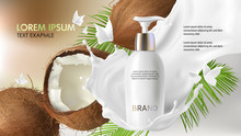 Cosmetic Realistic Vector Background. White Bottle With Face Cleansing Gel Falling In Milk Splash Near Cracked Coconut With Tropic Green Palm Leaves. Mock Up Promo Banner, Natural Cosmetics Concept
