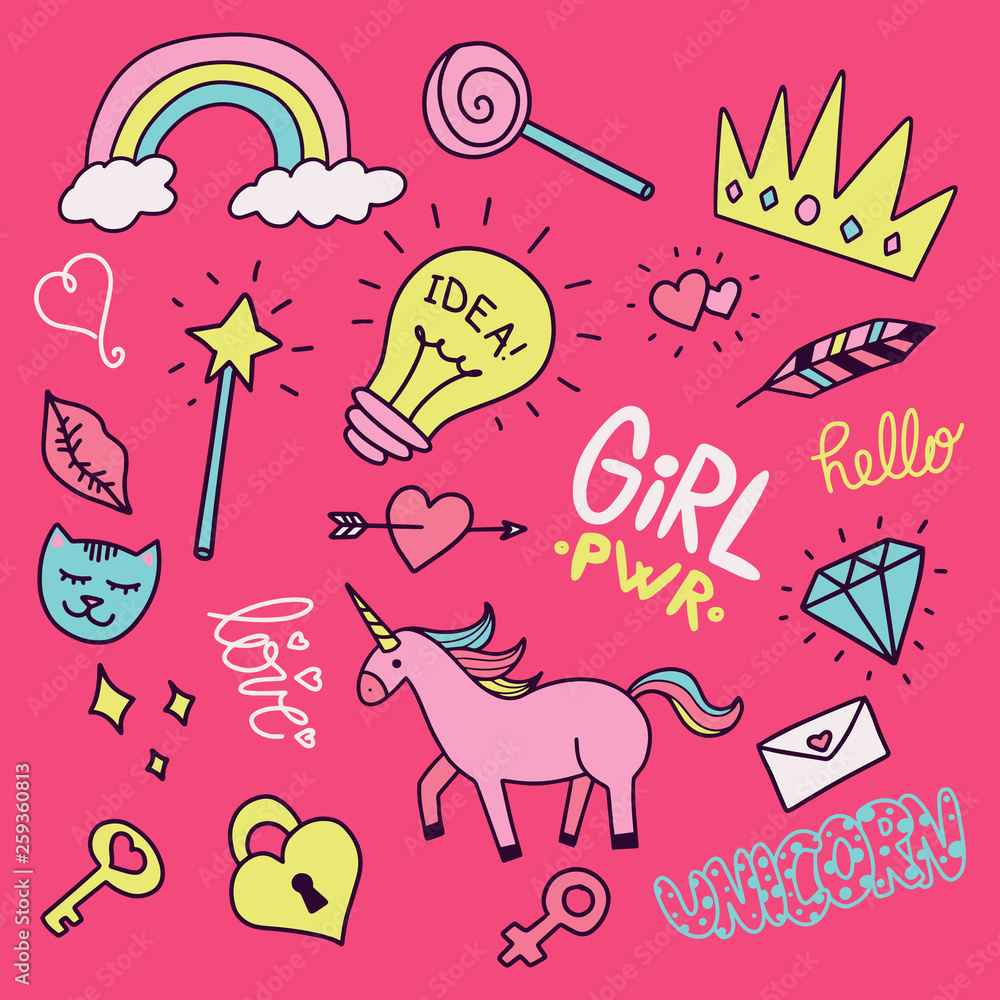 Vector illustration of Cute girly doodles set drawn by hand Stock ...