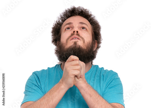 Portrait Of Caucasian Crazy Bearded Man With Funny Curly Hair