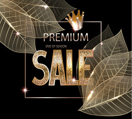 Wall Mural - Premium sale banner with skeleton gold leaves, crown and textured gold letters. Vector illustration