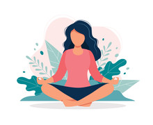 Woman Meditating In Nature And Leaves. Concept Illustration For Yoga, Meditation, Relax, Recreation, Healthy Lifestyle. Vector Illustration In Flat Cartoon Style