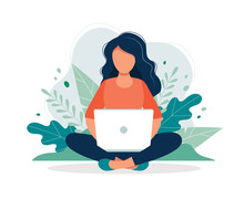 Woman With Laptop Sitting In Nature And Leaves. Concept Illustration For Working, Freelancing, Studying, Education, Work From Home. Vector Illustration In Flat Cartoon Style