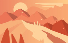 Beautiful Natural Landscape, Scene Of Nature With Mountains And Sun In Brown Colors Vector Illustration