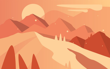 Wall Mural - Beautiful natural landscape, scene of nature with mountains and sun in brown colors vector Illustration