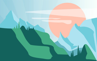 Sticker - Beautiful summer natural landscape, scene of nature with green mountains and sun vector Illustration