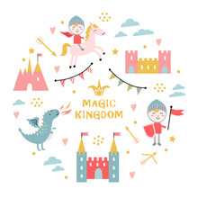 Magic Kingdom. Dragon, Castle, Knight, Bow, Arrows, Crown. 