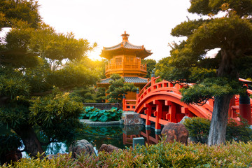 Beautiful sunset in Nan Lian garden in Kong Kong during summer time.