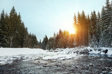 Sun Rising In Morning Over Trees Near Winter River, Parts Covered With Ice And Snow
