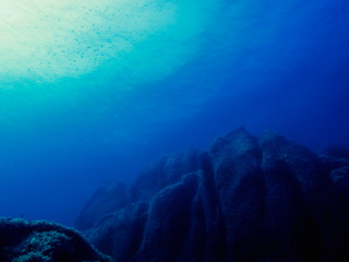 underwater background with a rocky sea bottom