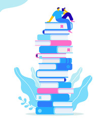 People who love to Read. Reading Books concept. Man sitting and reading on a huge stack of books. Cartoon flat vector illustration isolated on white background.