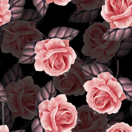 Beautiful seamless pattern with pink roses. Floral background