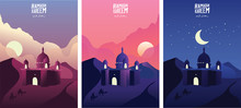 Islamic Mosque In The Desert Sand At Sunrise, Sunset And Night. Ramadan Kareem Greeting Banners Set Template Vector Illustration. - Vector