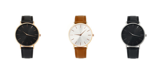 Classic women gold watch black dial, leather strap, isolate on white background