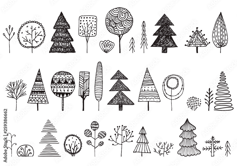 Vector set of hand drawn doodle trees. Illustration Plant icons Forest ...