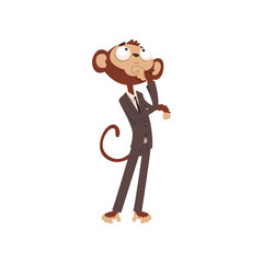 Sticker - Thoughtful monkey businessman cartoon character dressed in human suit vector Illustration on a white background