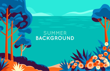 Aufkleber - Vector illustration in trendy flat and simple style - background with copy space for text - summer landscape - background for banner, greeting card, poster and advertising - summer vacation concept 