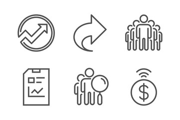 Search people, Share and Group icons simple set. Audit, Report document and Contactless payment signs. Find employee, Link. Technology set. Line search people icon. Editable stroke. Vector