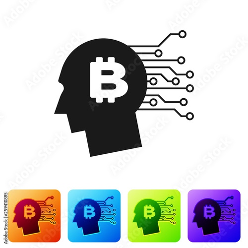 Black Bitcoin Think Icon On White Background Cryptocurrency Head Blockchain Technology Bitcoin Digital Money Market Cryptocoin Wallet Set Icon In Color Square Buttons Vector Illustration Buy This Stock Vector And Explore