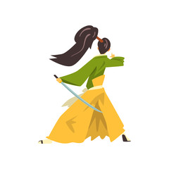 Sticker - Samurai cartoon character fighting with katana, Japanese warrior wearing in traditional kimono vector Illustration on a white background