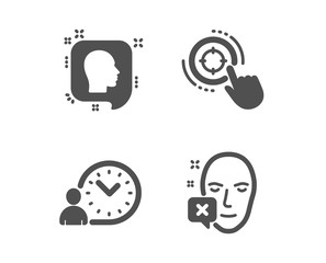 Set of Seo target, Head and Time management icons. Face declined sign. Click aim, Profile messages, Work time. Identification error.  Classic design seo target icon. Flat design. Vector