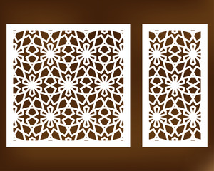 Poster - Set decorative card for cutting. Geometric line pattern. Laser cut. Ratio 1:1, 1:2. Vector illustration