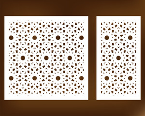 Poster - Set decorative card for cutting. Geometric line pattern. Laser cut. Ratio 1:1, 1:2. Vector illustration