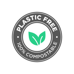 Poster - Plastic free. 100% Compostable icon. Round green and black symbol.