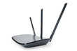 Black wifi router in wide angle perspective isolated with clipping path