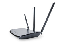Black Wifi Router In Wide Angle Perspective Isolated With Clipping Path