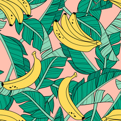 Wall Mural - Hand drawn bananas and banana leaves. Seamless vector pattern on pink background. Perfect for fabric, wallpaper or wrapping paper.