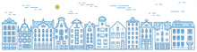 Europe House And Apartments. Set Of Cute Architecture In Amsterdam. Neighborhood With Classic Street And Cozy Homes. Building And Facades For Banner Or Poster. Doodle Sketch.