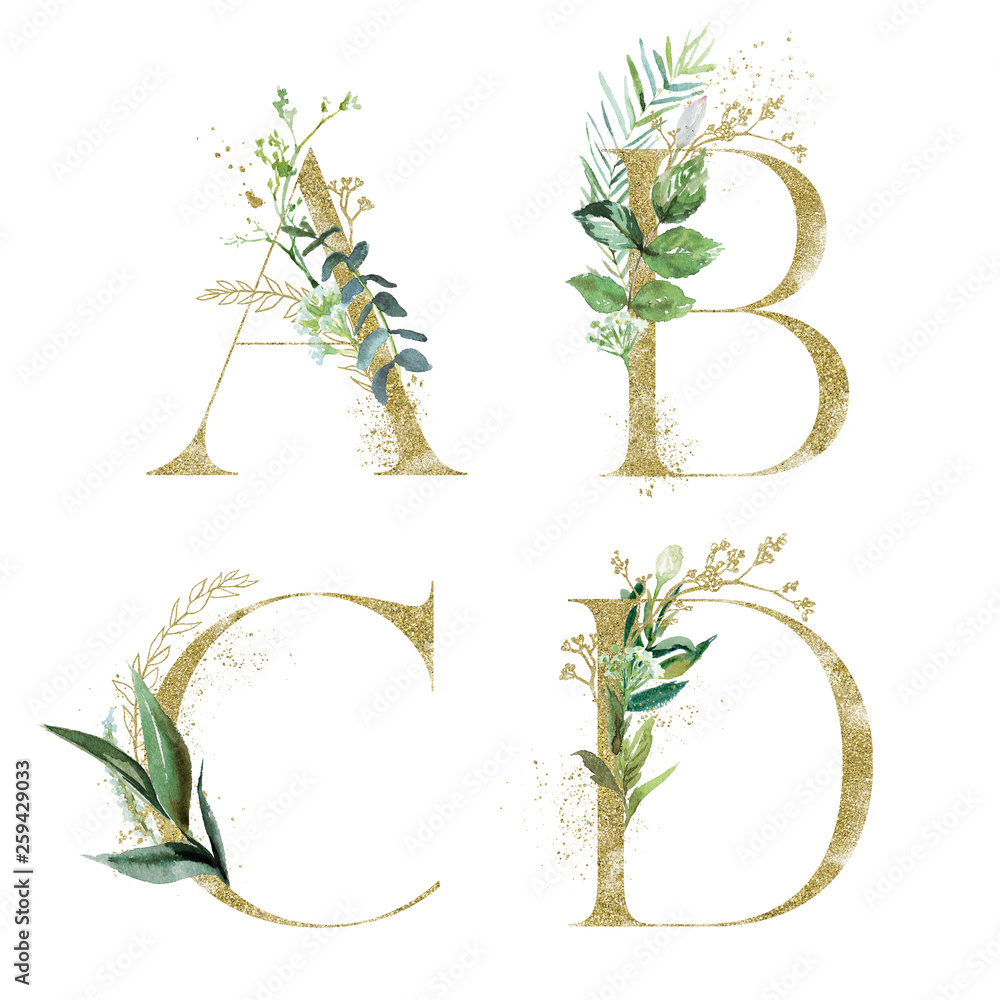 Gold Floral Alphabet Set - letters A, B, C, D with green botanic branch ...
