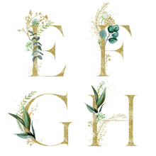 Gold Floral Alphabet Set - Letters E, F, G, H With Green Botanic Branch Bouquet Composition. Unique Collection For Wedding Invites Decoration And Many Other Concept Ideas.