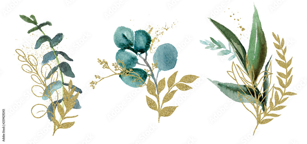 Watercolor floral illustration set - green & gold leaf branches, for wedding stationary, greetings, wallpapers, fashion, background. Eucalyptus, olive, green leaves, etc. - obrazy, fototapety, plakaty 