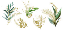 Watercolor Floral Illustration Set - Green & Gold Leaf Branches, For Wedding Stationary, Greetings, Wallpapers, Fashion, Background. Eucalyptus, Olive, Green Leaves, Etc.