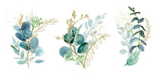 Watercolor Floral Illustration Set - Green & Gold Leaf Branches Collection, For Wedding Stationary, Greetings, Wallpapers, Fashion, Background. Eucalyptus, Olive, Green Leaves, Etc.