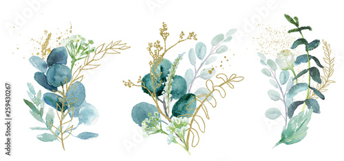 Ilustracja: Watercolor floral illustration set - green & gold leaf branches collection, for wedding stationary, greetings, wallpapers, fashion, background. Eucalyptus, olive, green leaves, etc. Watercolor floral illustration set - green & gold leaf branches collection, for wedding stationary, greetings, wallpapers, fashion, background. Eucalyptus, olive, green leaves, etc.