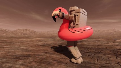 Wall Mural - astronaut with pink float looking for water on mars