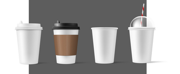 Realistic paper cups with plastic lid mockups. Coffee to go, take out mug. Vector illustration isolated and can be use for any backgrounds. EPS10.	