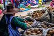 Cusco, Peru - March 31 2019: Indigenous woman selling different types of potatoes at 