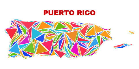 Mosaic Puerto Rico map of triangles in bright colors isolated on a white background. Triangular collage in shape of Puerto Rico map. Abstract design for patriotic decoration.