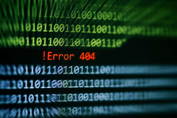 Technology binary code number data alert ! Error 404 message on display screen / Computer network system problem error software