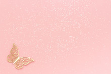 Sparkles Glitter And Gold Tracery Butterfly On Pink Pastel Trendy Background. Festive Background, Template