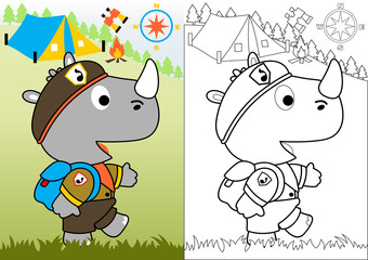 Day scout with little rhinoceros, Vector cartoon illustration, coloring book or page