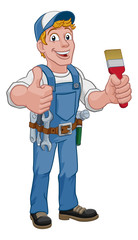 Wall Mural - A painter decorator construction handyman cartoon man holding a paintbrush brush and giving a thumbs up