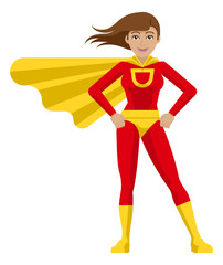 A superhero cartoon mascot woman in her red and yellow super hero costume compete with cape in a flat modern cartoon style