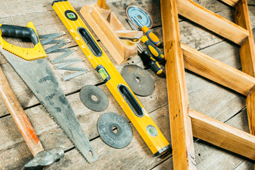 Wall Mural - Working tools on wooden rustic background.