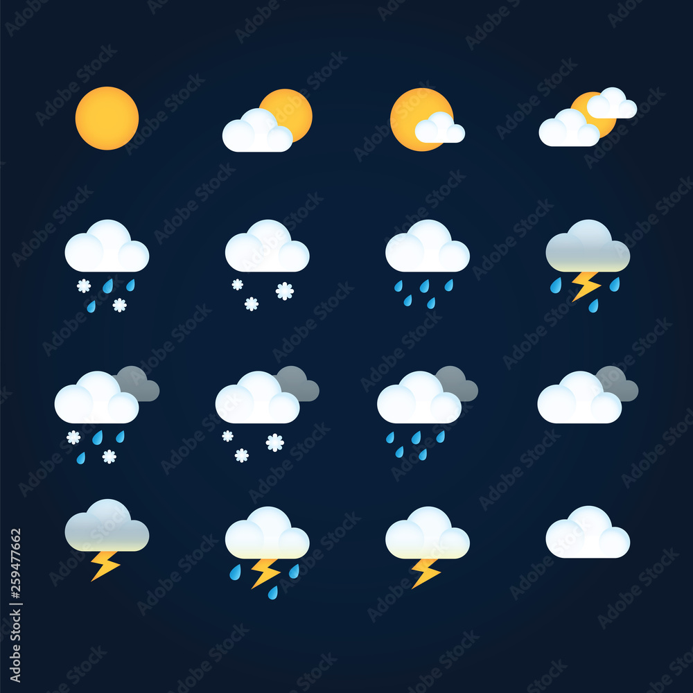 Weather icons sun and clouds in sky, rain with snow, thunder and ...